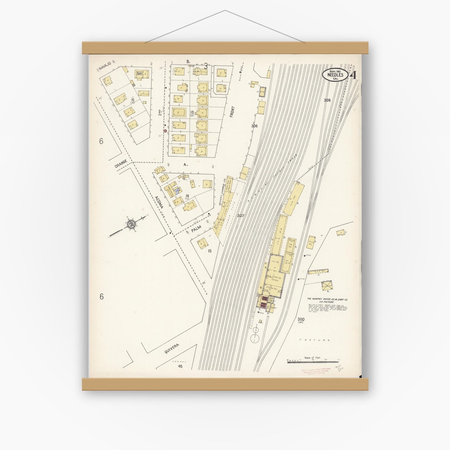 Old map wall art mockup — magnetic wood frame on white wall — Sanborn Fire Insurance Map from Needles, San Bernardino County, California (1910), Sheet #0004