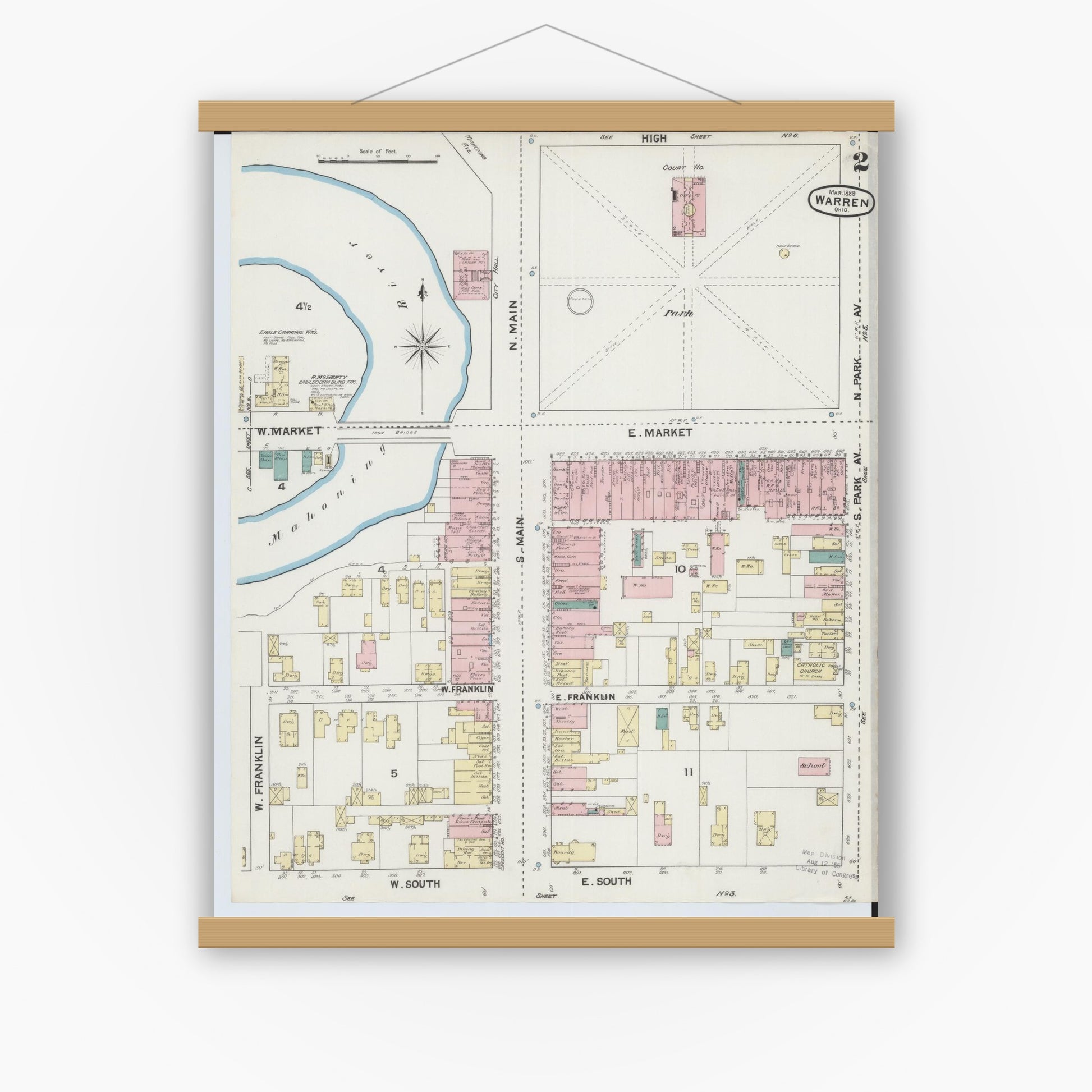 Old map wall art mockup — magnetic wood frame on white wall — Sanborn Fire Insurance Map from Warren, Trumbull County, Ohio (1889), Sheet #0002