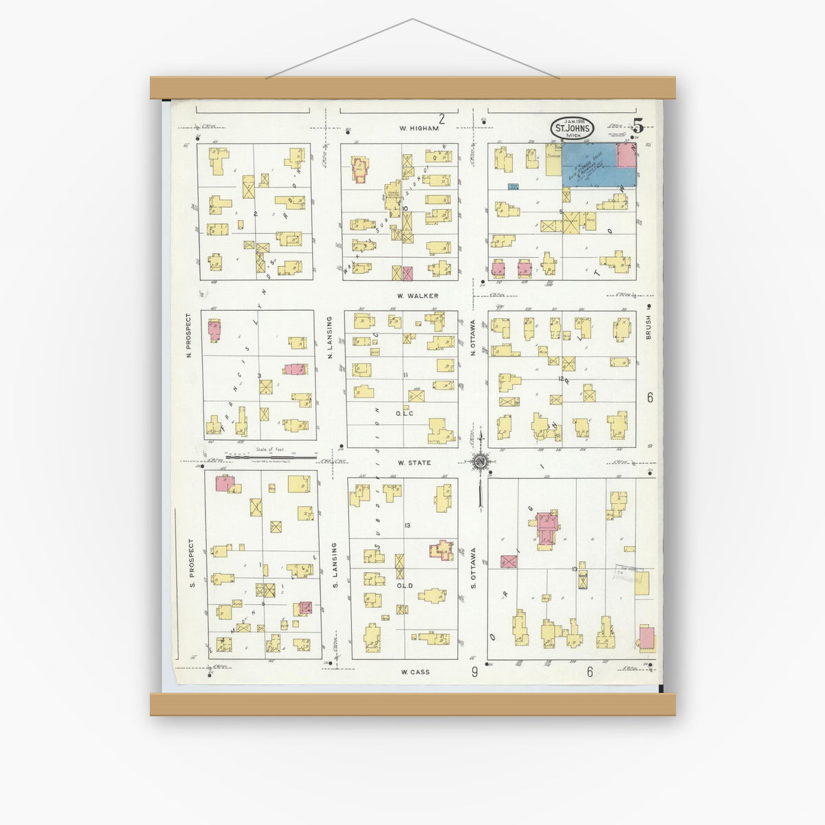 Old map wall art mockup — magnetic wood frame on white wall — Sanborn Fire Insurance Map from Saint Johns, Clinton County, Michigan (1918), Sheet #0005