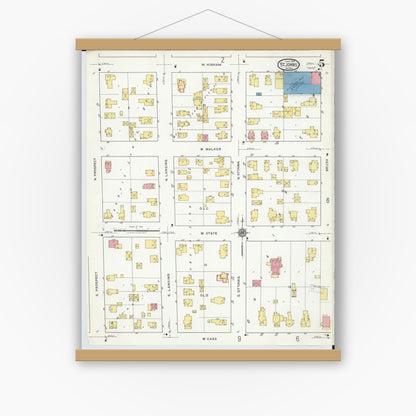 Old map wall art mockup — magnetic wood frame on white wall — Sanborn Fire Insurance Map from Saint Johns, Clinton County, Michigan (1918), Sheet #0005