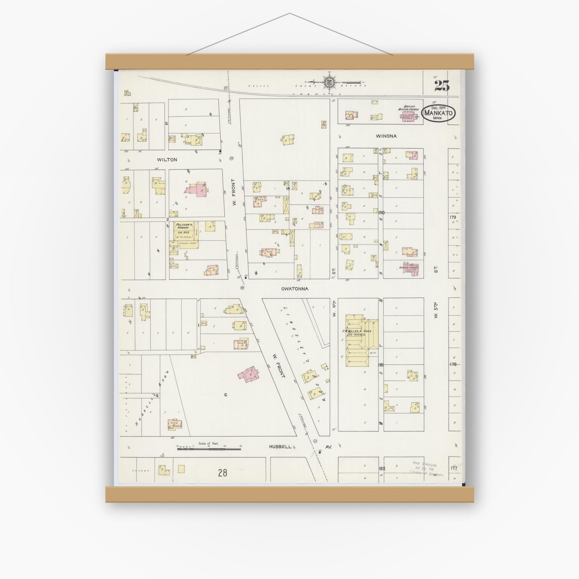 Old map wall art mockup — magnetic wood frame on white wall — Sanborn Fire Insurance Map from Mankato, Blue Earth County, Minnesota (1914), Sheet #0025