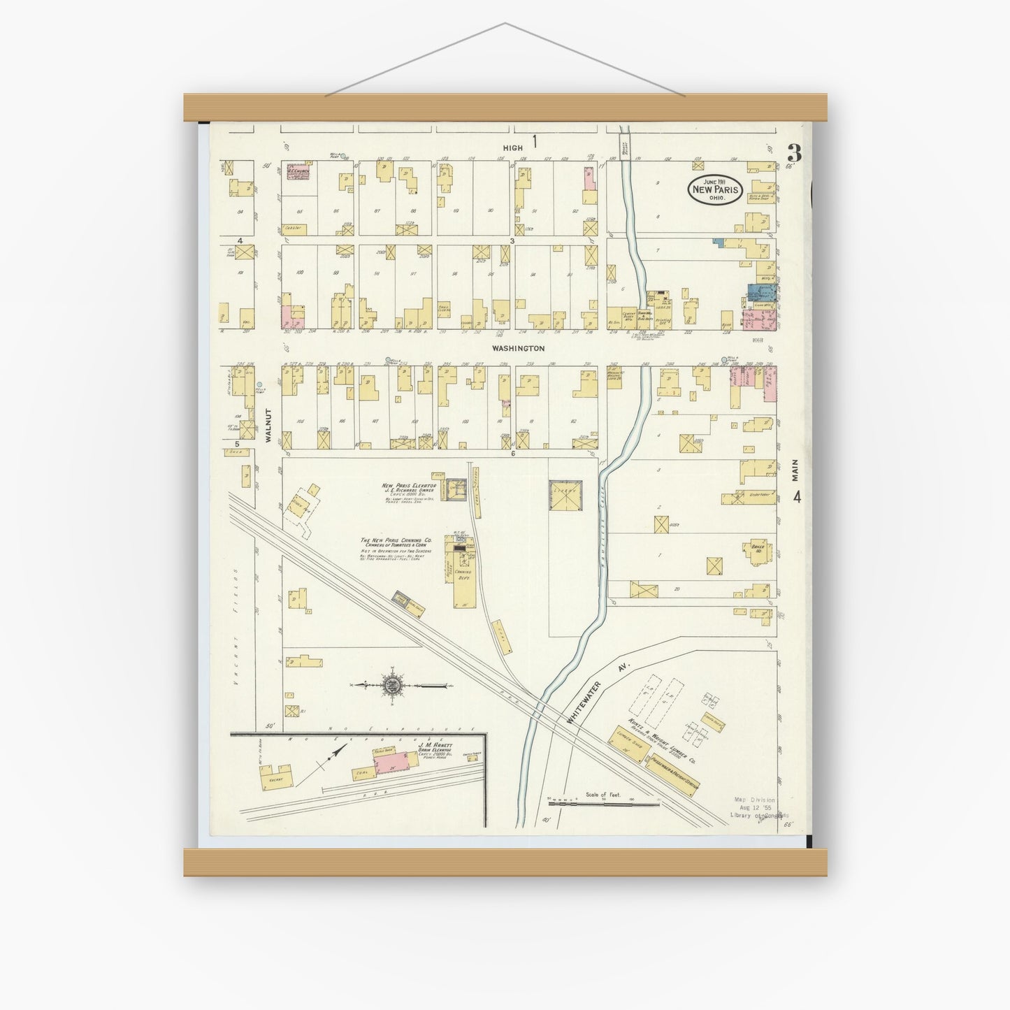 Old map wall art mockup — magnetic wood frame on white wall — Sanborn Fire Insurance Map from New Paris, Preble County, Ohio (1911), Sheet #0003