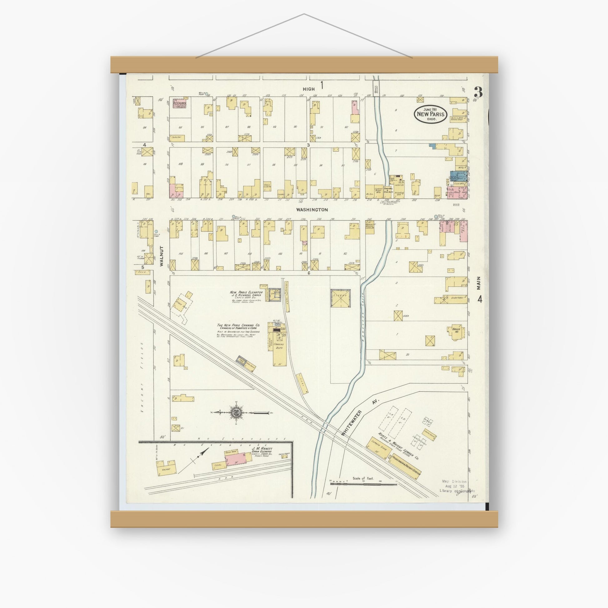 Old map wall art mockup — magnetic wood frame on white wall — Sanborn Fire Insurance Map from New Paris, Preble County, Ohio (1911), Sheet #0003