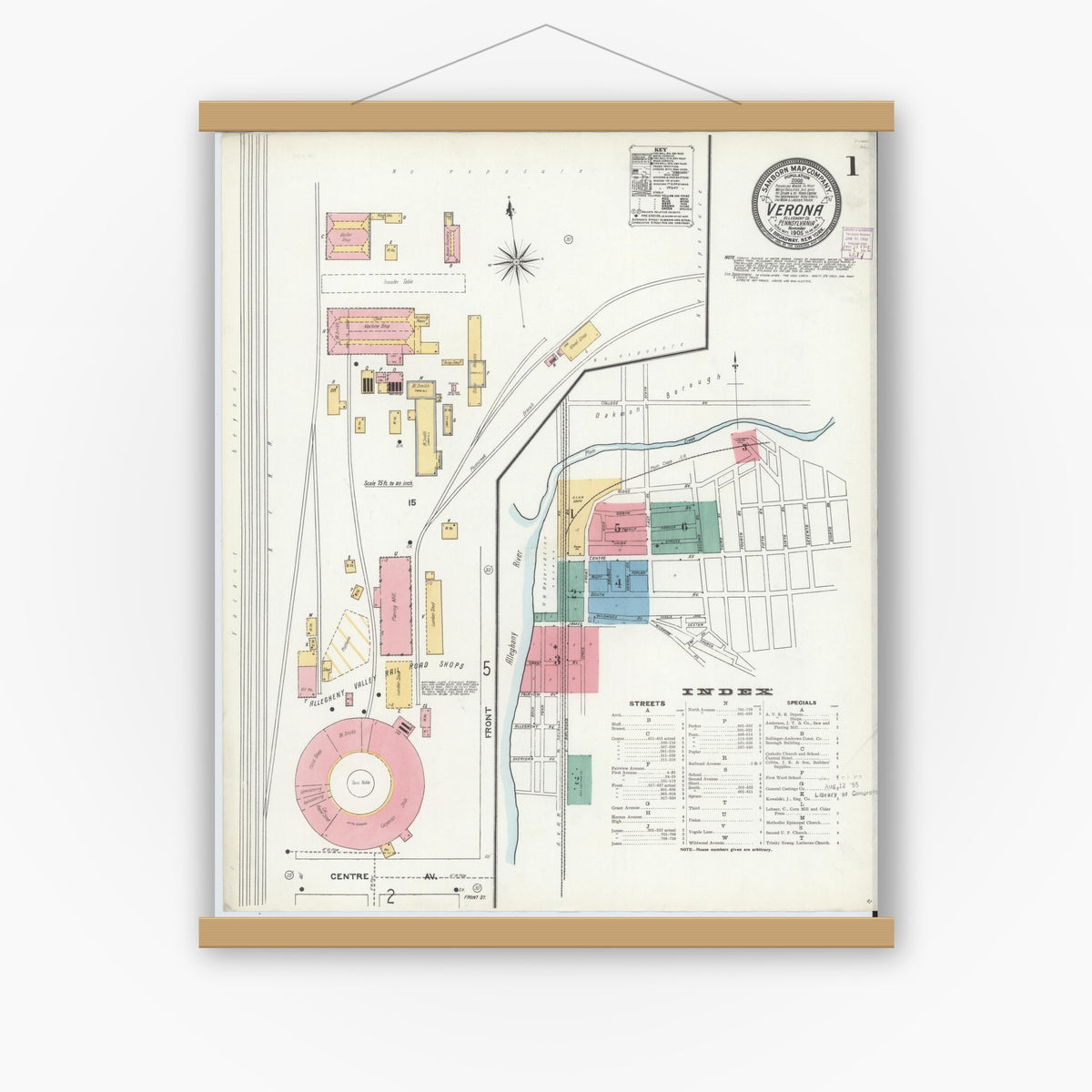 Old map wall art mockup — magnetic wood frame on white wall — Sanborn Fire Insurance Map from Verona, Allegheny County, Pennsylvania (1905) - Complete Map Set