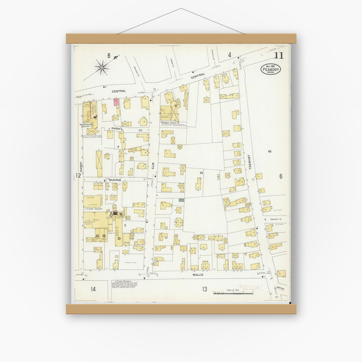 Old map wall art mockup — magnetic wood frame on white wall — Sanborn Fire Insurance Map from Peabody, Essex County, Massachusetts (1907), Sheet #0011