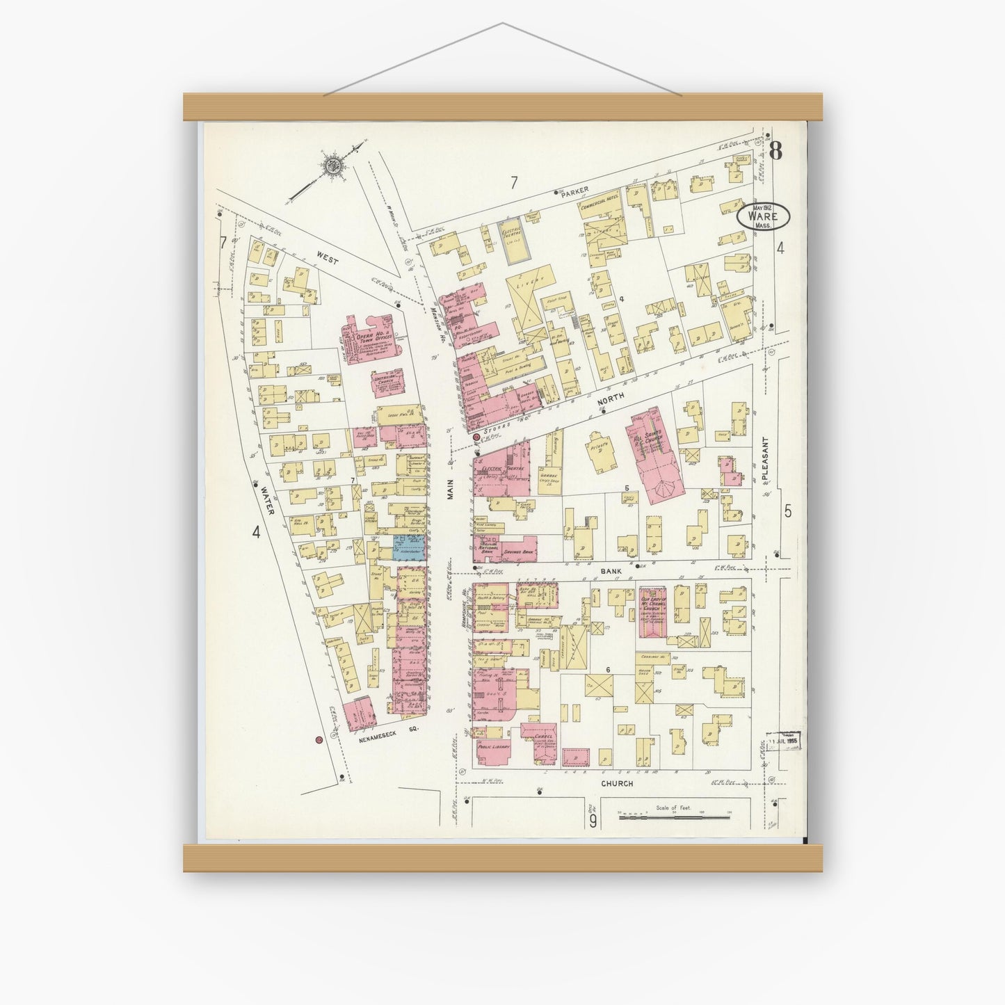 Old map wall art mockup — magnetic wood frame on white wall — Sanborn Fire Insurance Map from Ware, Hampshire County, Massachusetts (1912), Sheet #0008