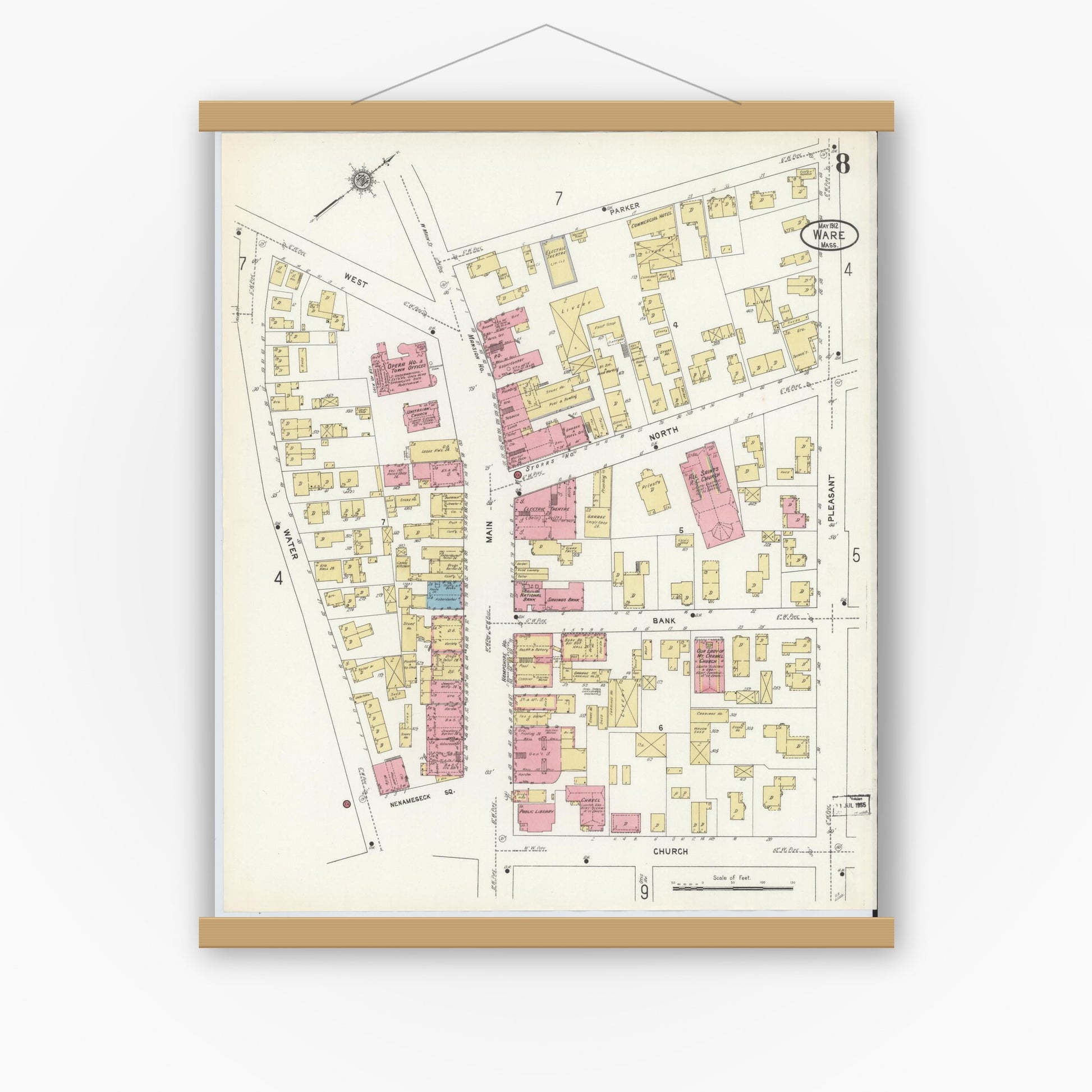 Old map wall art mockup — magnetic wood frame on white wall — Sanborn Fire Insurance Map from Ware, Hampshire County, Massachusetts (1912), Sheet #0008