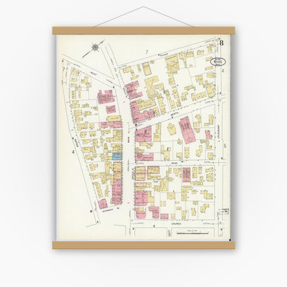 Old map wall art mockup — magnetic wood frame on white wall — Sanborn Fire Insurance Map from Ware, Hampshire County, Massachusetts (1912), Sheet #0008