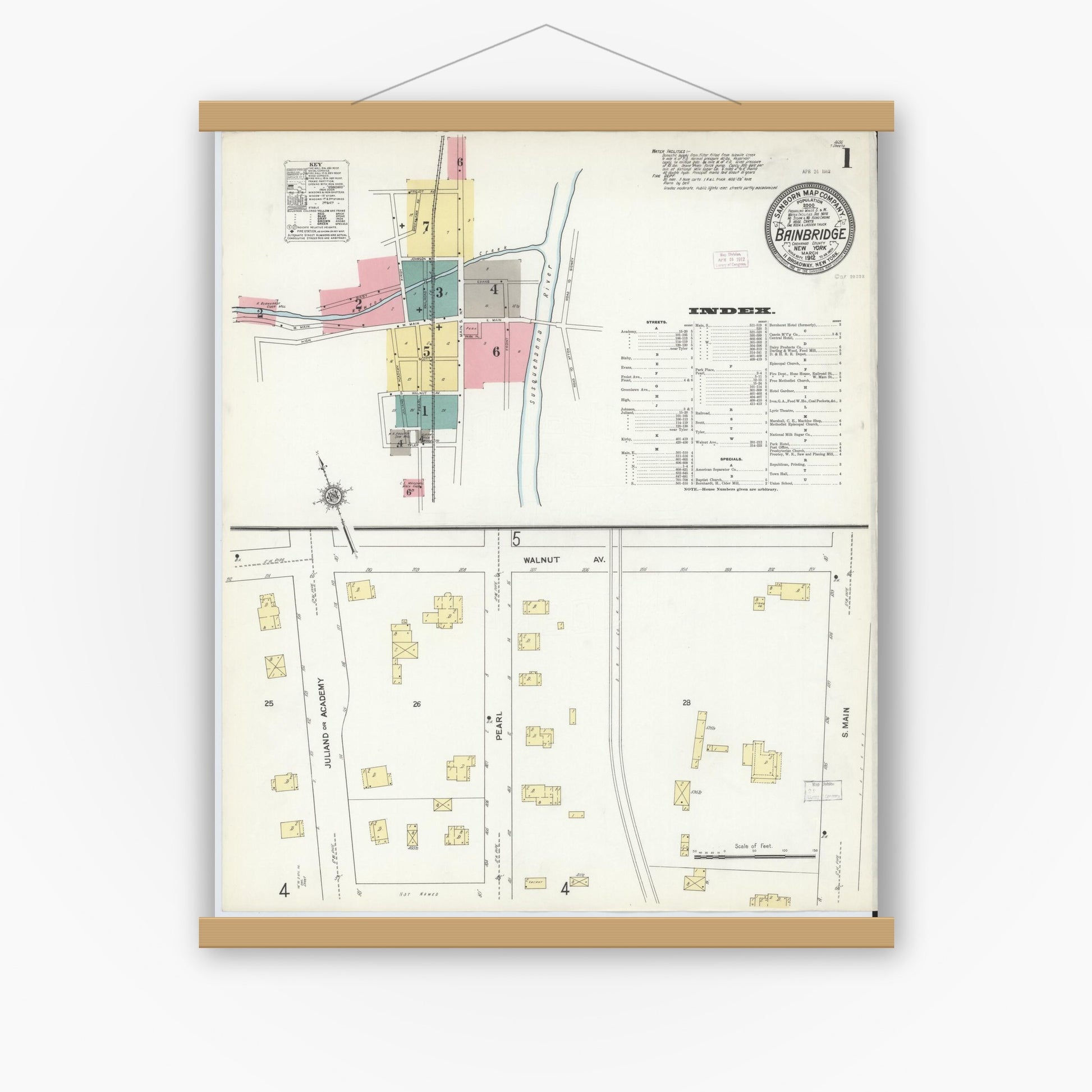 Old map wall art mockup — magnetic wood frame on white wall — Sanborn Fire Insurance Map from Bainbridge, Chenango County, New York (1912) - Complete Map Set