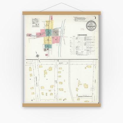 Old map wall art mockup — magnetic wood frame on white wall — Sanborn Fire Insurance Map from Bainbridge, Chenango County, New York (1912) - Complete Map Set