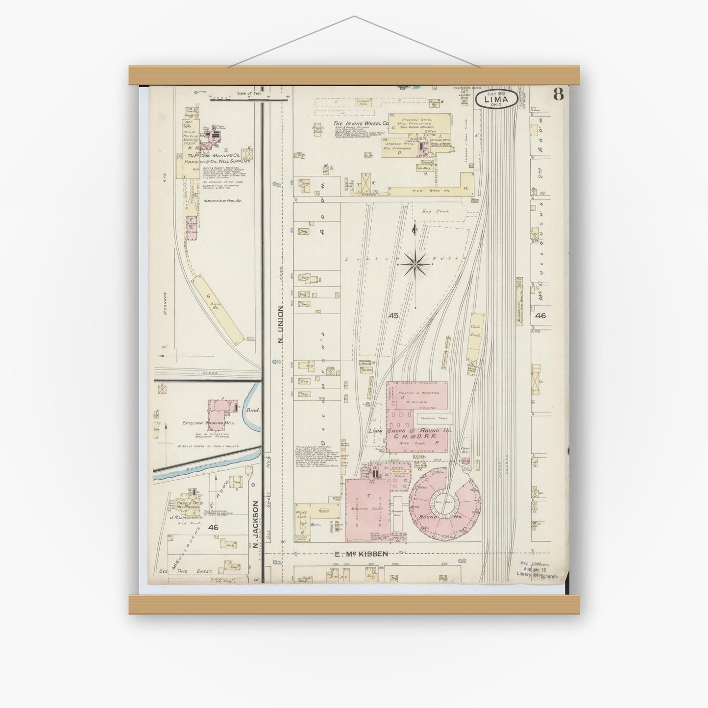 Old map wall art mockup — magnetic wood frame on white wall — Sanborn Fire Insurance Map from Lima, Allen County, Ohio (1887), Sheet #0008
