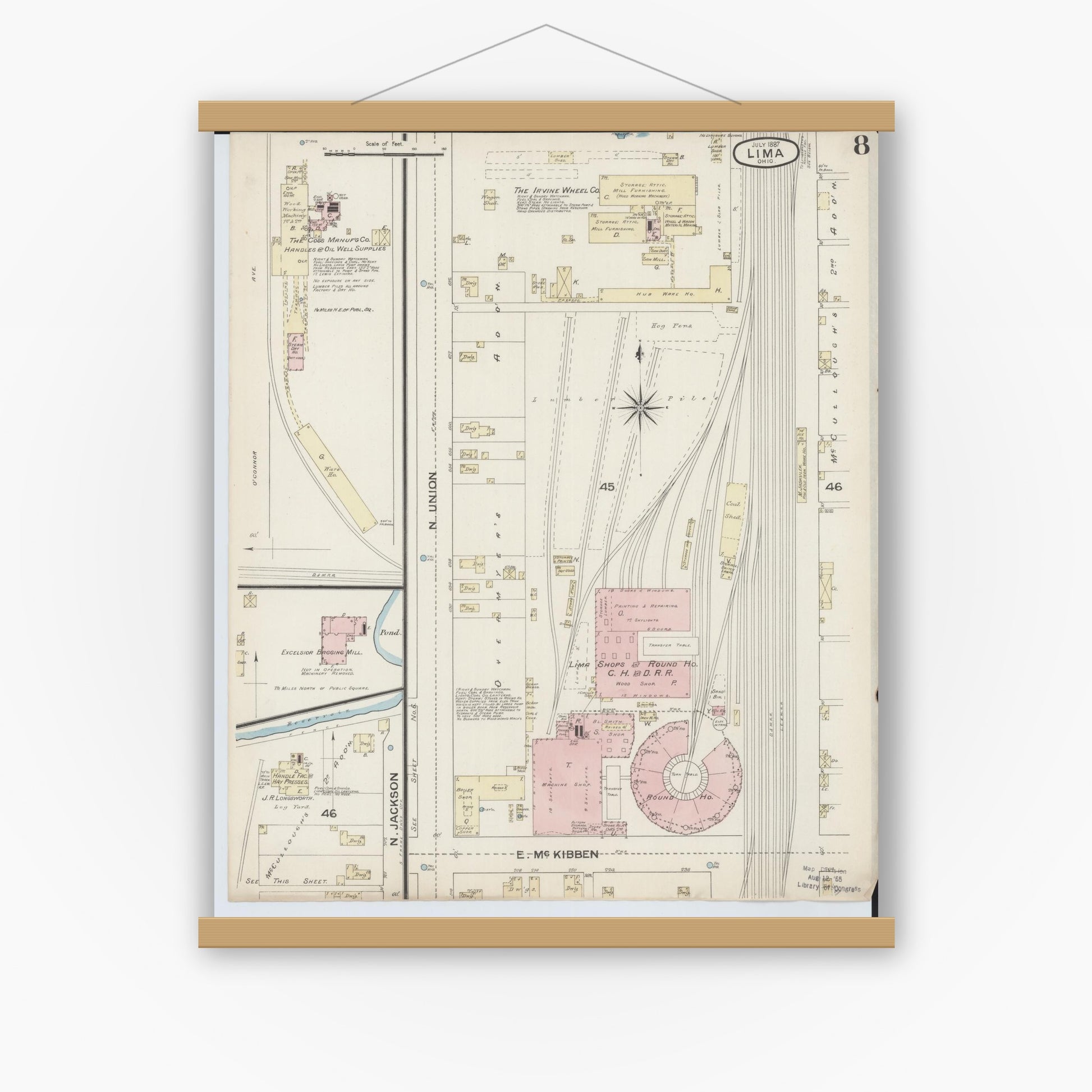 Old map wall art mockup — magnetic wood frame on white wall — Sanborn Fire Insurance Map from Lima, Allen County, Ohio (1887), Sheet #0008
