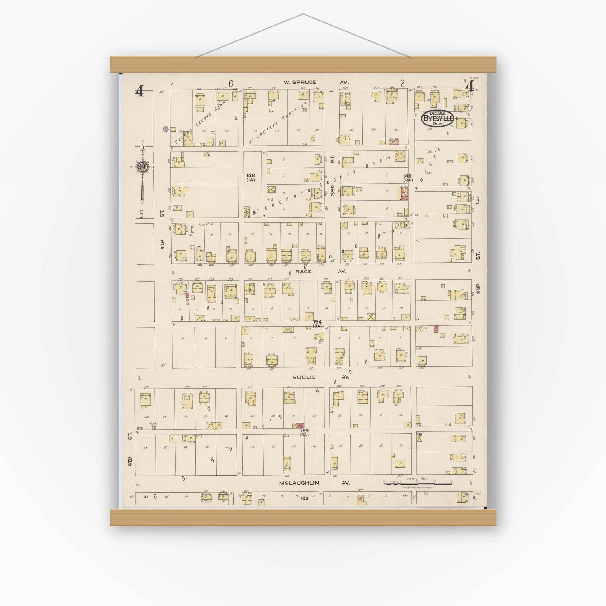 Old map wall art mockup — magnetic wood frame on white wall — Sanborn Fire Insurance Map from Byesville, Guernsey County, Ohio (1922), Sheet #0004