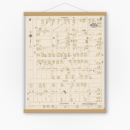 Old map wall art mockup — magnetic wood frame on white wall — Sanborn Fire Insurance Map from Byesville, Guernsey County, Ohio (1922), Sheet #0004