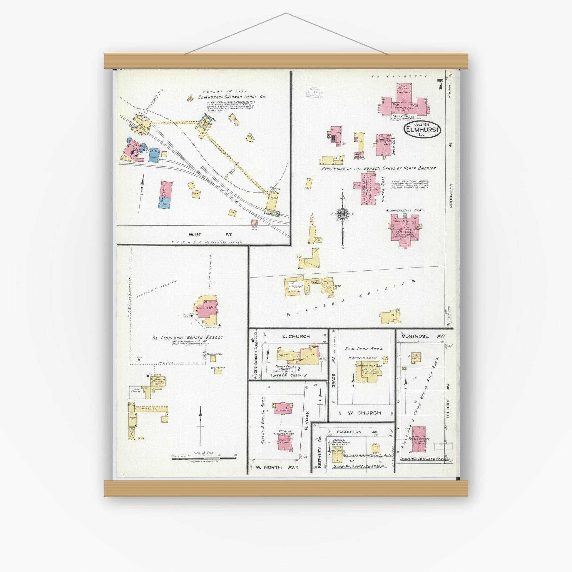 Old map wall art mockup — magnetic wood frame on white wall — Sanborn Fire Insurance Map from Elmhurst, Du Page County, Illinois (1918), Sheet #0007