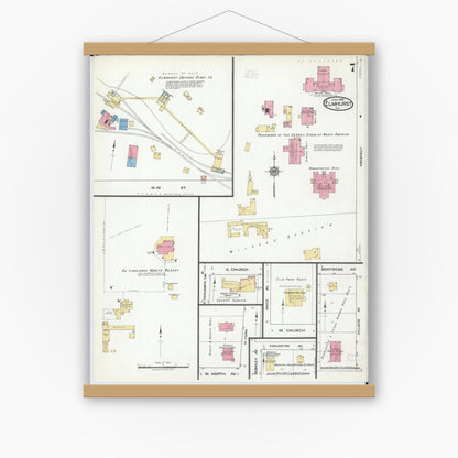 Old map wall art mockup — magnetic wood frame on white wall — Sanborn Fire Insurance Map from Elmhurst, Du Page County, Illinois (1918), Sheet #0007