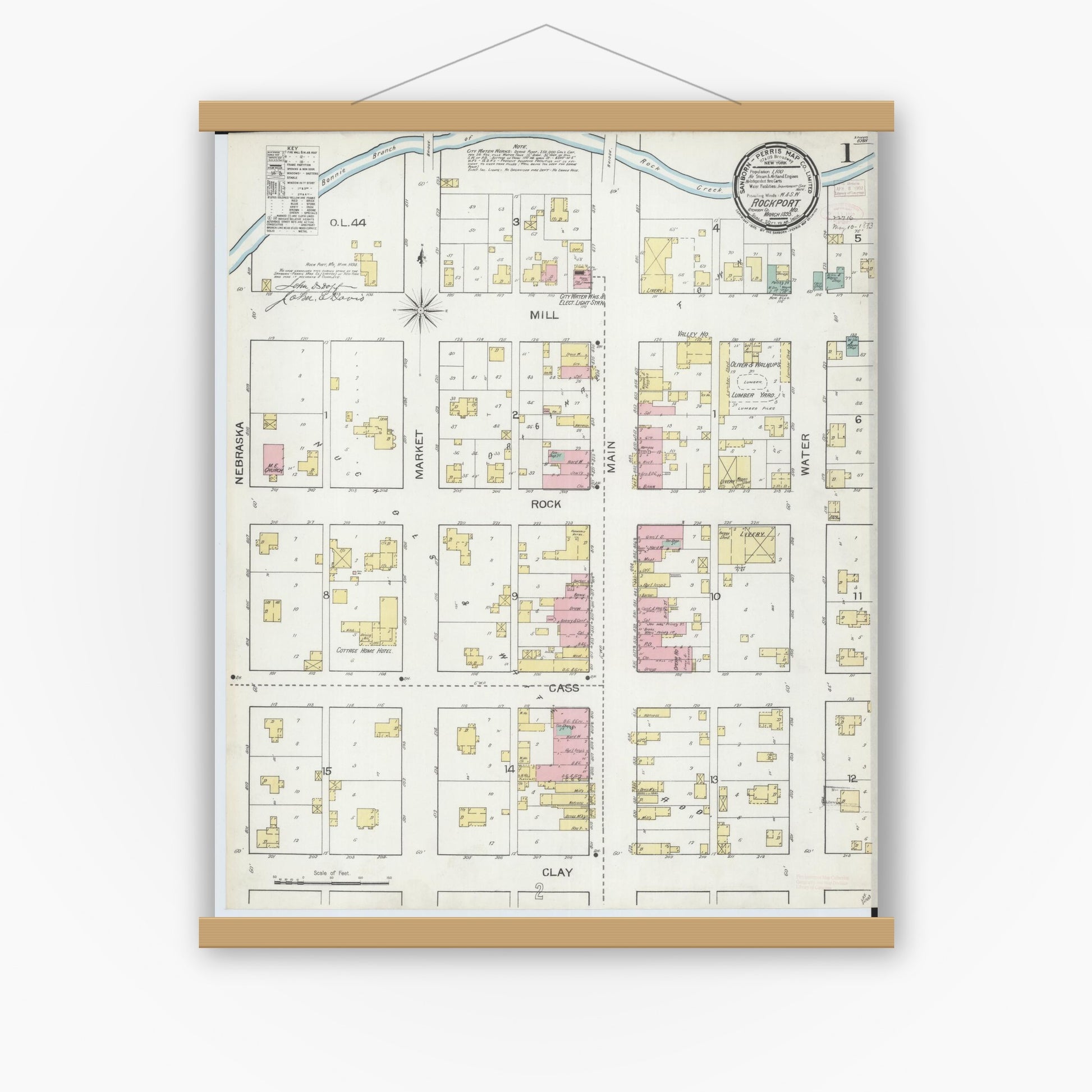 Old map wall art mockup — magnetic wood frame on white wall — Sanborn Fire Insurance Map from Rockport, Atchison County, Missouri (1893) - Complete Map Set