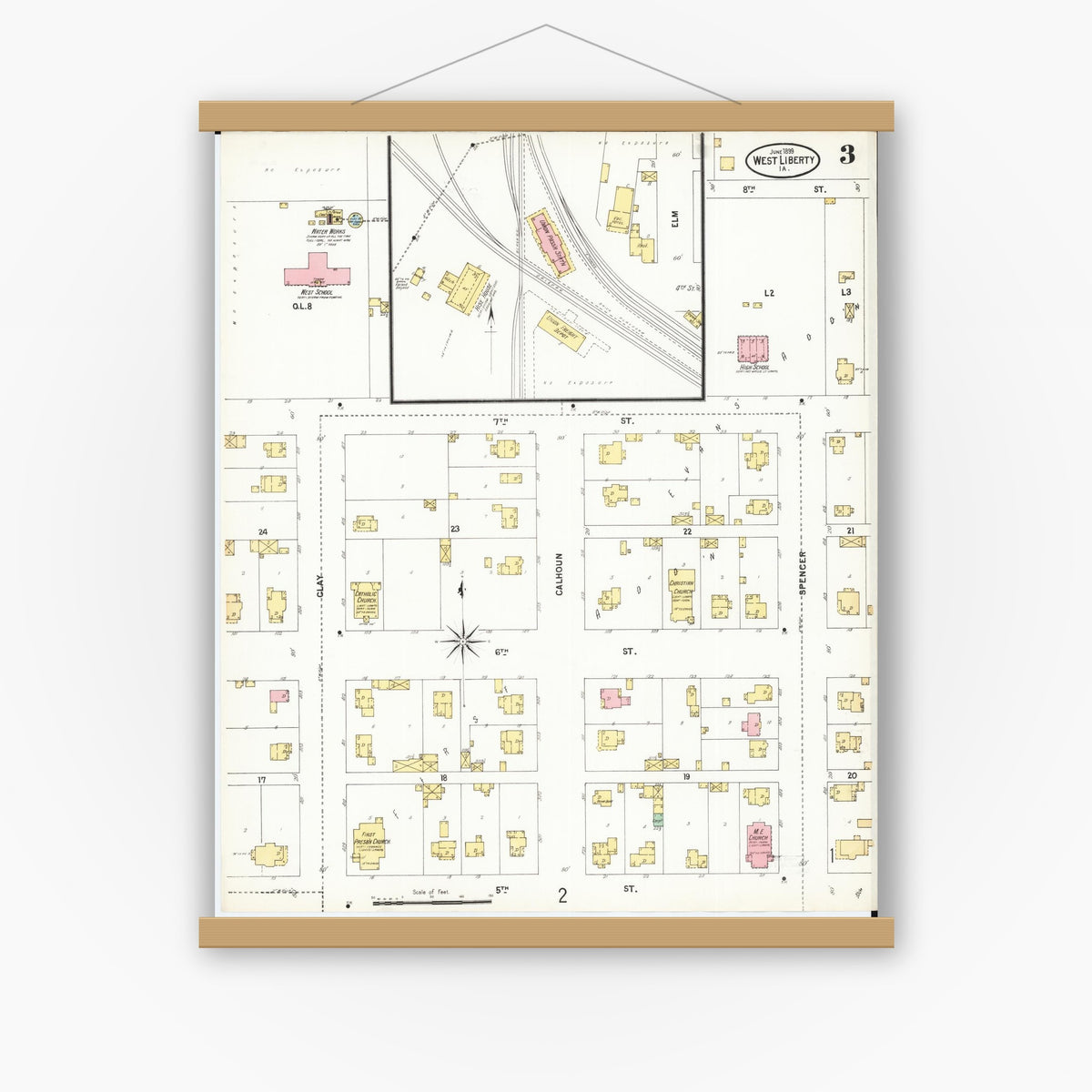 Old map wall art mockup — magnetic wood frame on white wall — Sanborn Fire Insurance Map from West Liberty, Muscatine County, Iowa (1899), Sheet #0003
