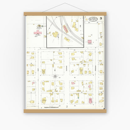 Old map wall art mockup — magnetic wood frame on white wall — Sanborn Fire Insurance Map from West Liberty, Muscatine County, Iowa (1899), Sheet #0003