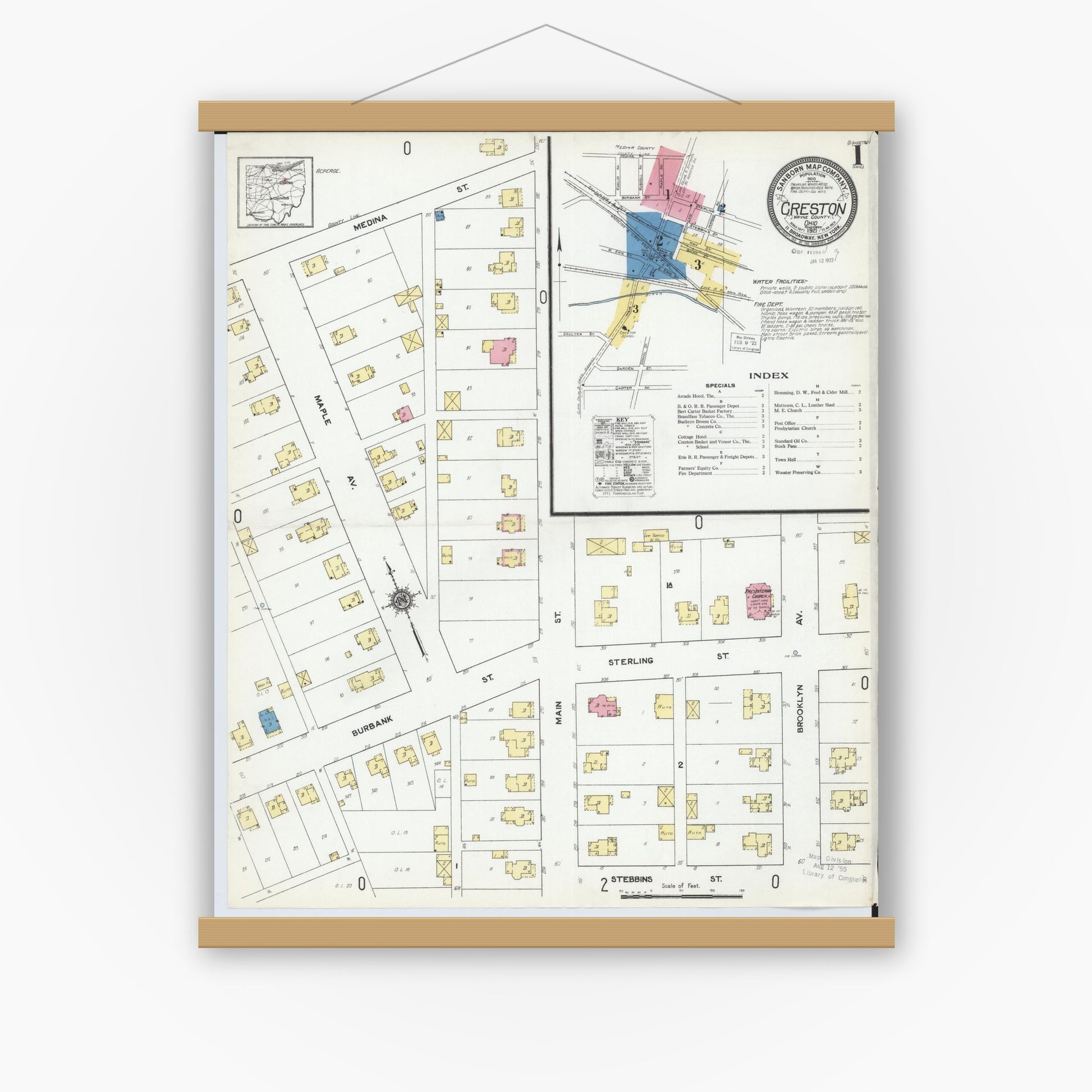 Old map wall art mockup — magnetic wood frame on white wall — Sanborn Fire Insurance Map from Creston, Wayne County, Ohio (1921), Sheet #0001
