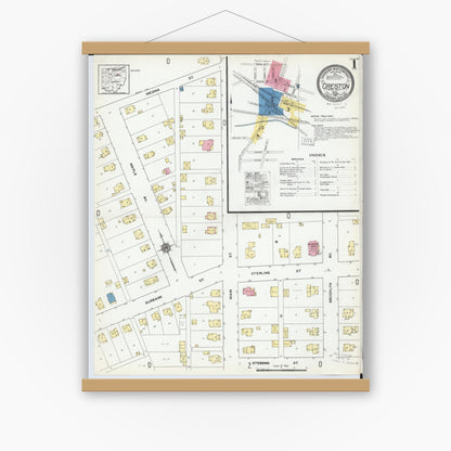 Old map wall art mockup — magnetic wood frame on white wall — Sanborn Fire Insurance Map from Creston, Wayne County, Ohio (1921), Sheet #0001