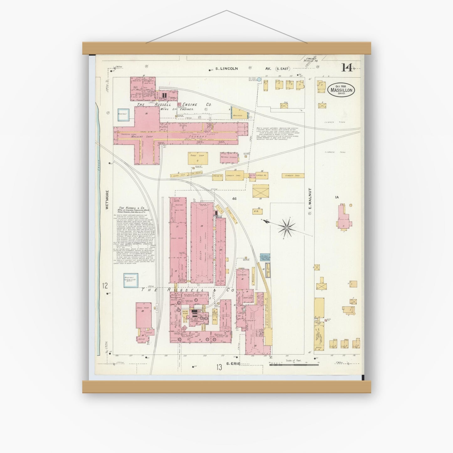 Old map wall art mockup — magnetic wood frame on white wall — Sanborn Fire Insurance Map from Massillon, Stark County, Ohio (1908), Sheet #0014