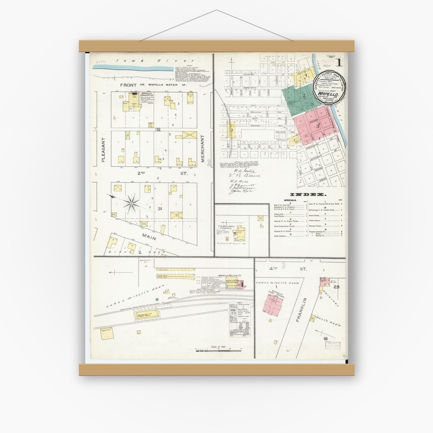 Old map wall art mockup — magnetic wood frame on white wall — Sanborn Fire Insurance Map from Wapello, Louisa County, Iowa (1893) â€” Complete Set