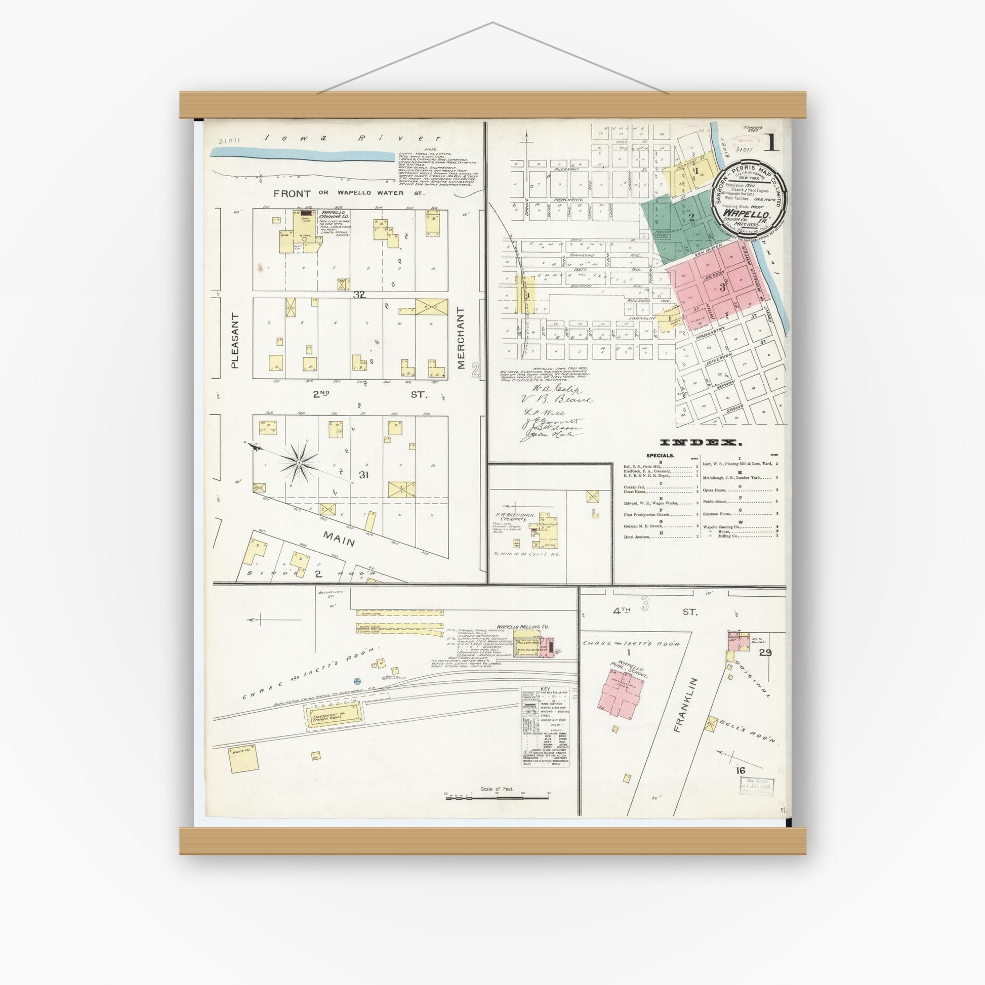 Old map wall art mockup — magnetic wood frame on white wall — Sanborn Fire Insurance Map from Wapello, Louisa County, Iowa (1893) â€” Complete Set