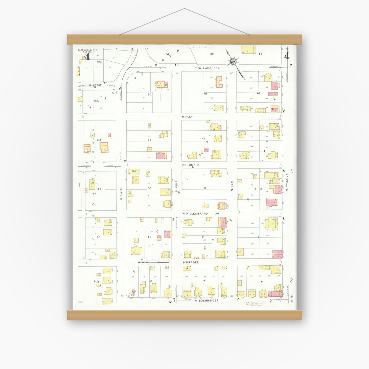 Old map wall art mockup — magnetic wood frame on white wall — Sanborn Fire Insurance Map from Batesville, Ripley County, Indiana (1931), Sheet #0004