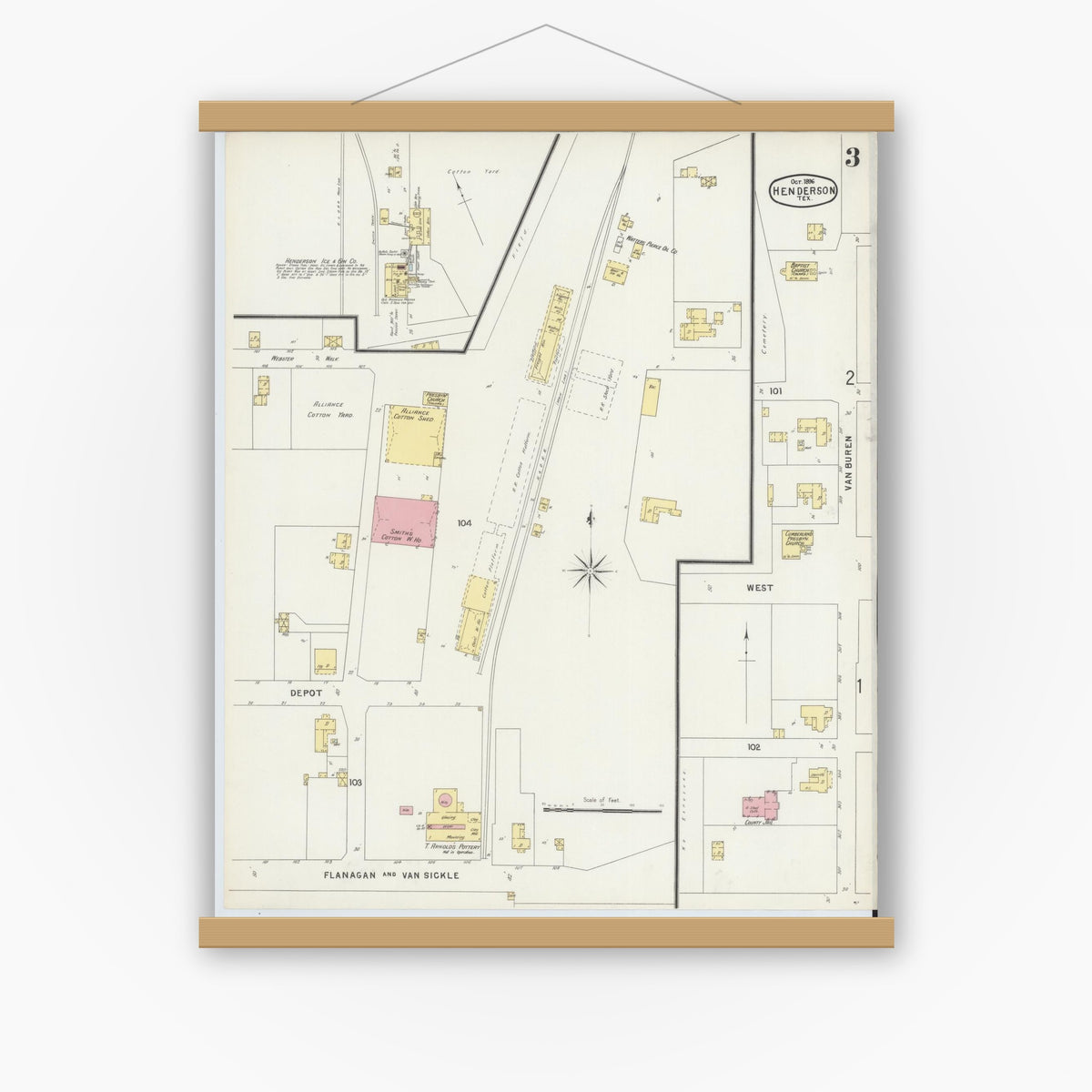 Old map wall art mockup — magnetic wood frame on white wall — Sanborn Fire Insurance Map from Henderson, Rusk County, Texas (1896), Sheet #0003