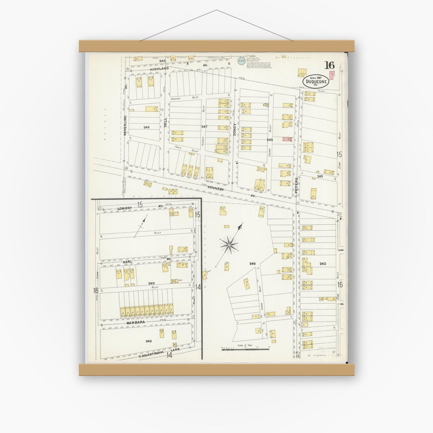 Old map wall art mockup — magnetic wood frame on white wall — Sanborn Fire Insurance Map from Duquesne, Allegheny County, Pennsylvania (1907), Sheet #0016