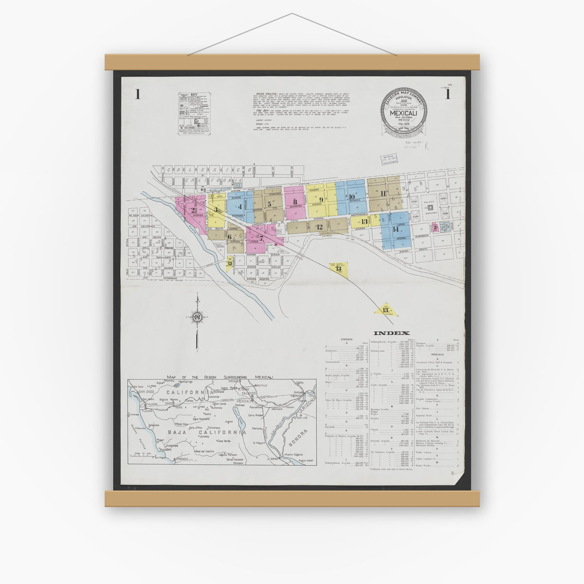 Old map wall art mockup — magnetic wood frame on white wall — Sanborn Fire Insurance Map from Mexicali, Baja California (Mexico) (1925) - Complete Map Set