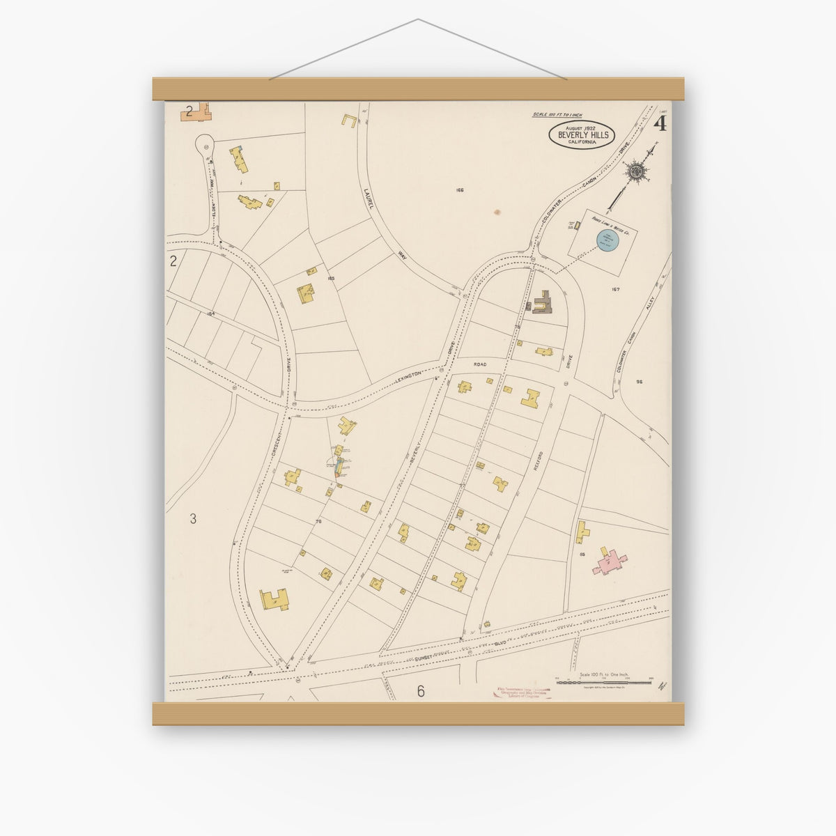Old map wall art mockup — magnetic wood frame on white wall — Sanborn Fire Insurance Map from Beverly Hills, Los Angeles County, California (1922), Sheet #0004