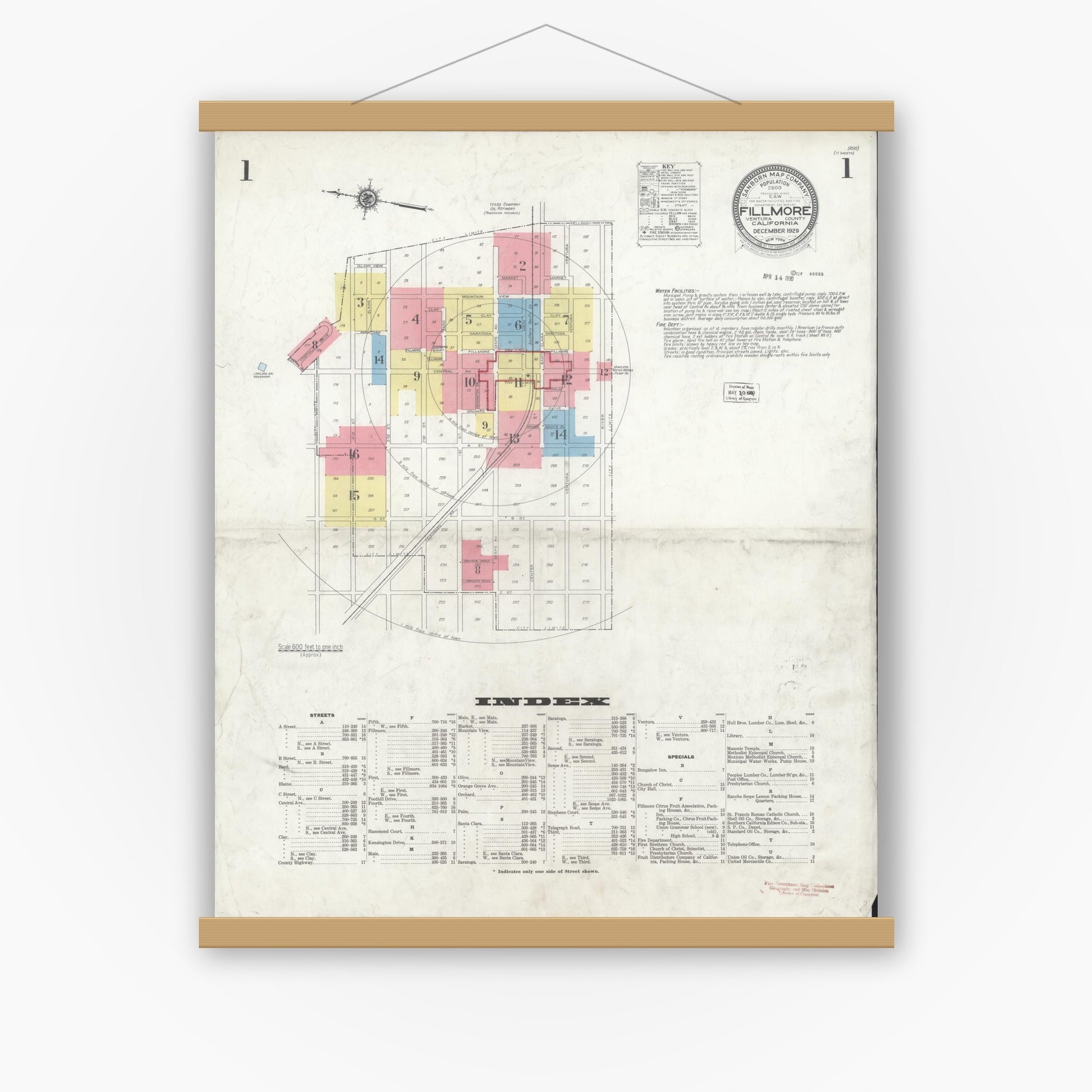 Old map wall art mockup — magnetic wood frame on white wall — Sanborn Fire Insurance Map from Fillmore, Ventura County, California (1929) - Complete Map Set