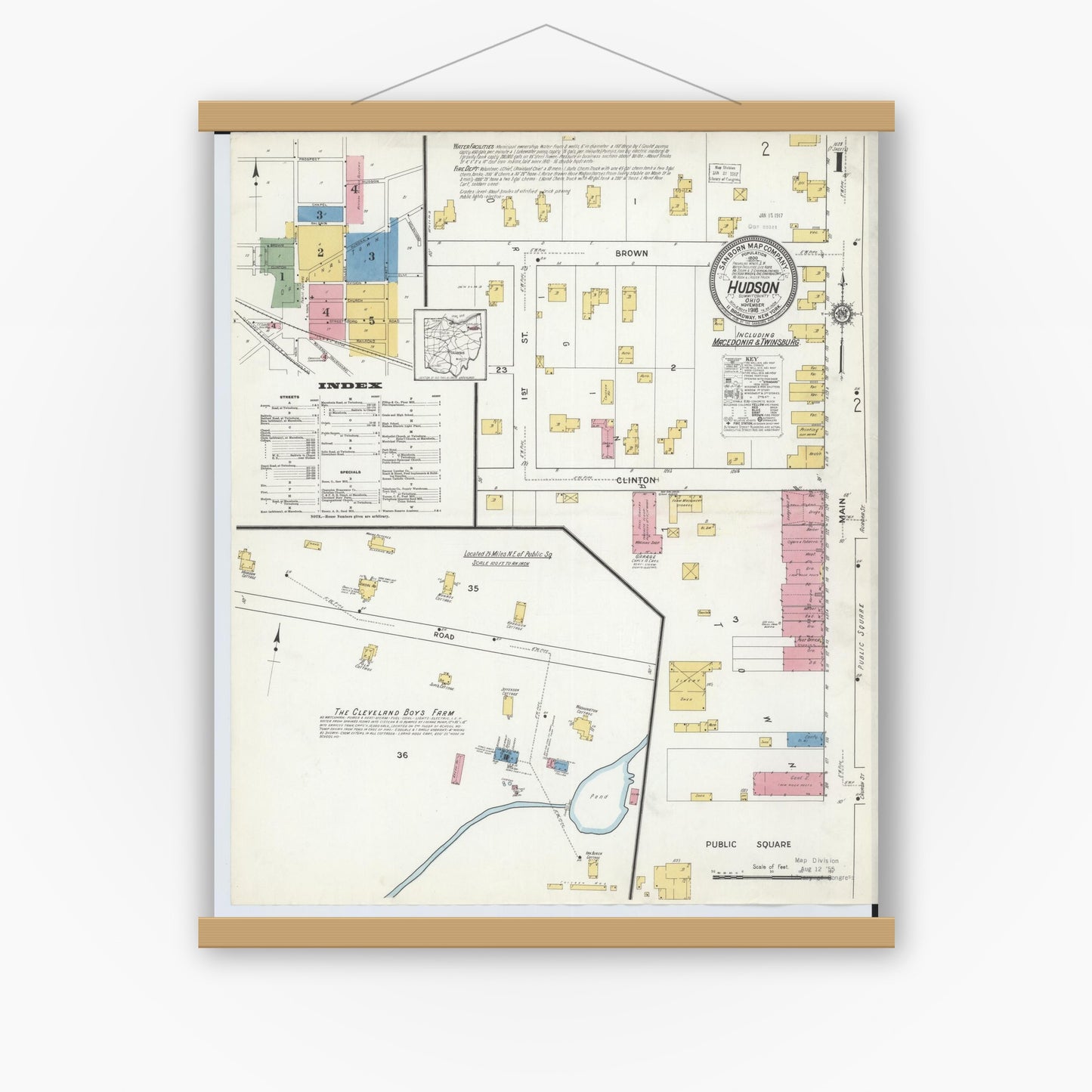 Old map wall art mockup — magnetic wood frame on white wall — Sanborn Fire Insurance Map from Hudson, Summit County, Ohio (1916), Sheet #0001