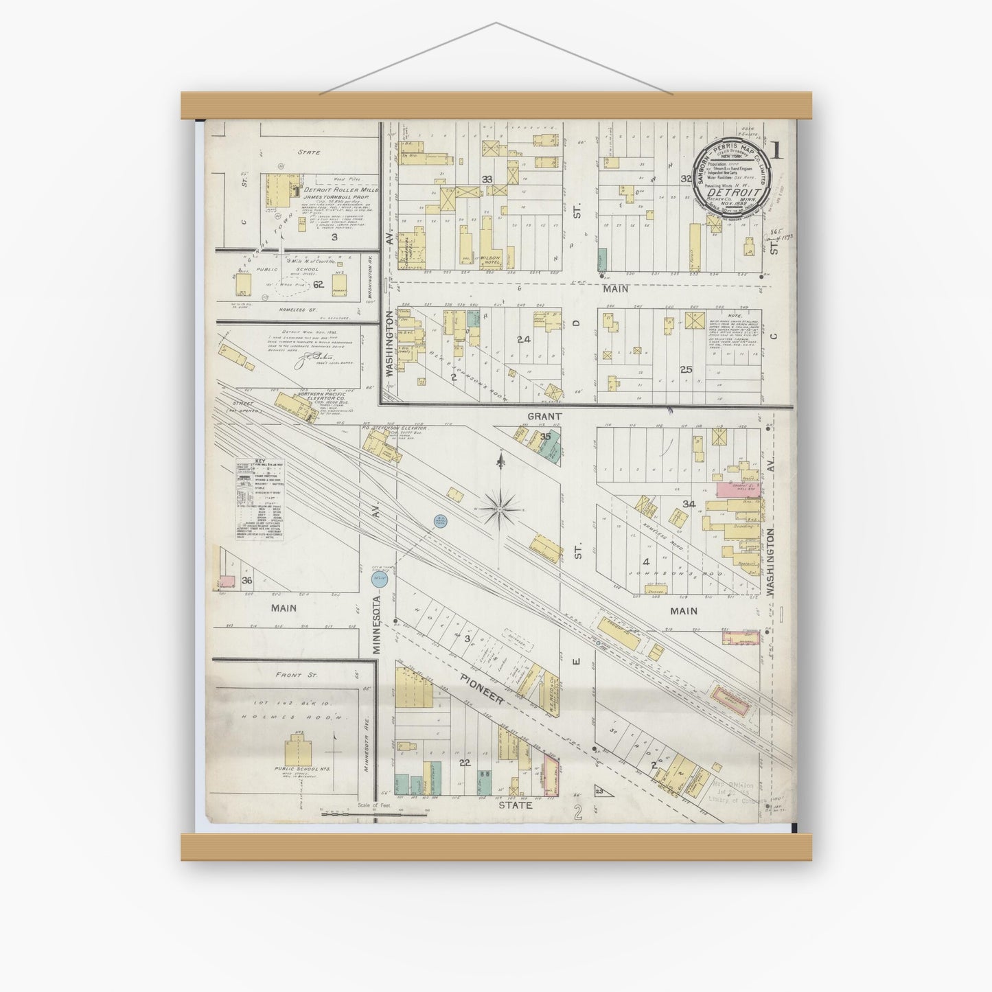 Old map wall art mockup — magnetic wood frame on white wall — Sanborn Fire Insurance Map from Detroit Lakes, Becker County, Minnesota (1892) - Complete Map Set