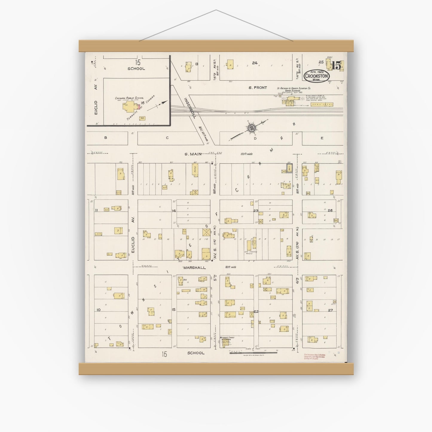 Old map wall art mockup — magnetic wood frame on white wall — Sanborn Fire Insurance Map from Crookston, Polk County, Minnesota (1922), Sheet #0015