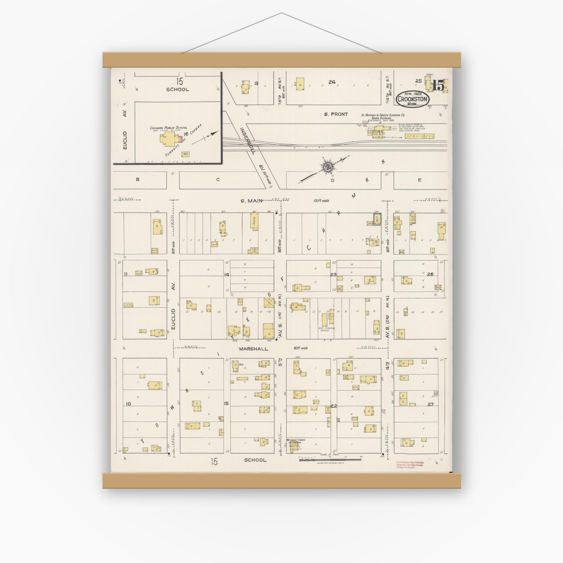 Old map wall art mockup — magnetic wood frame on white wall — Sanborn Fire Insurance Map from Crookston, Polk County, Minnesota (1922), Sheet #0015