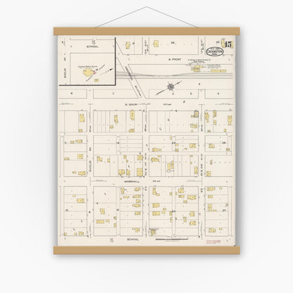Old map wall art mockup — magnetic wood frame on white wall — Sanborn Fire Insurance Map from Crookston, Polk County, Minnesota (1922), Sheet #0015