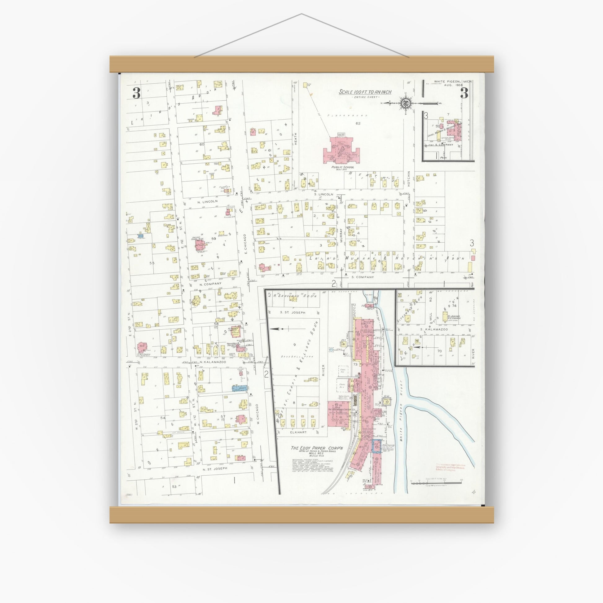 Old map wall art mockup — magnetic wood frame on white wall — Sanborn Fire Insurance Map from White Pigeon, Saint Joseph County, Michigan (1936), Sheet #0003
