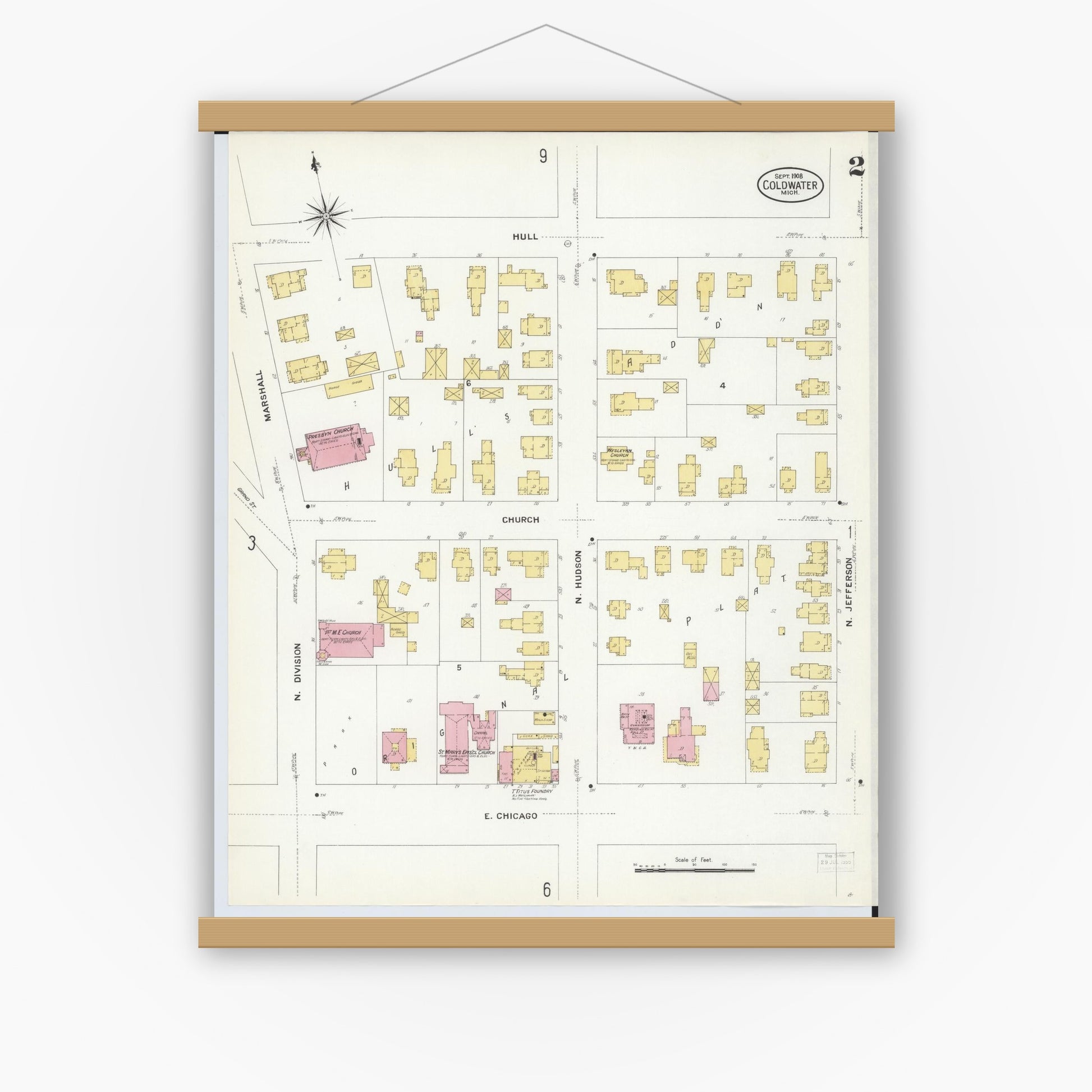 Old map wall art mockup — magnetic wood frame on white wall — Sanborn Fire Insurance Map from Coldwater, Branch County, Michigan (1908), Sheet #0002