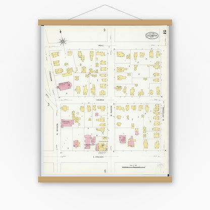 Old map wall art mockup — magnetic wood frame on white wall — Sanborn Fire Insurance Map from Coldwater, Branch County, Michigan (1908), Sheet #0002