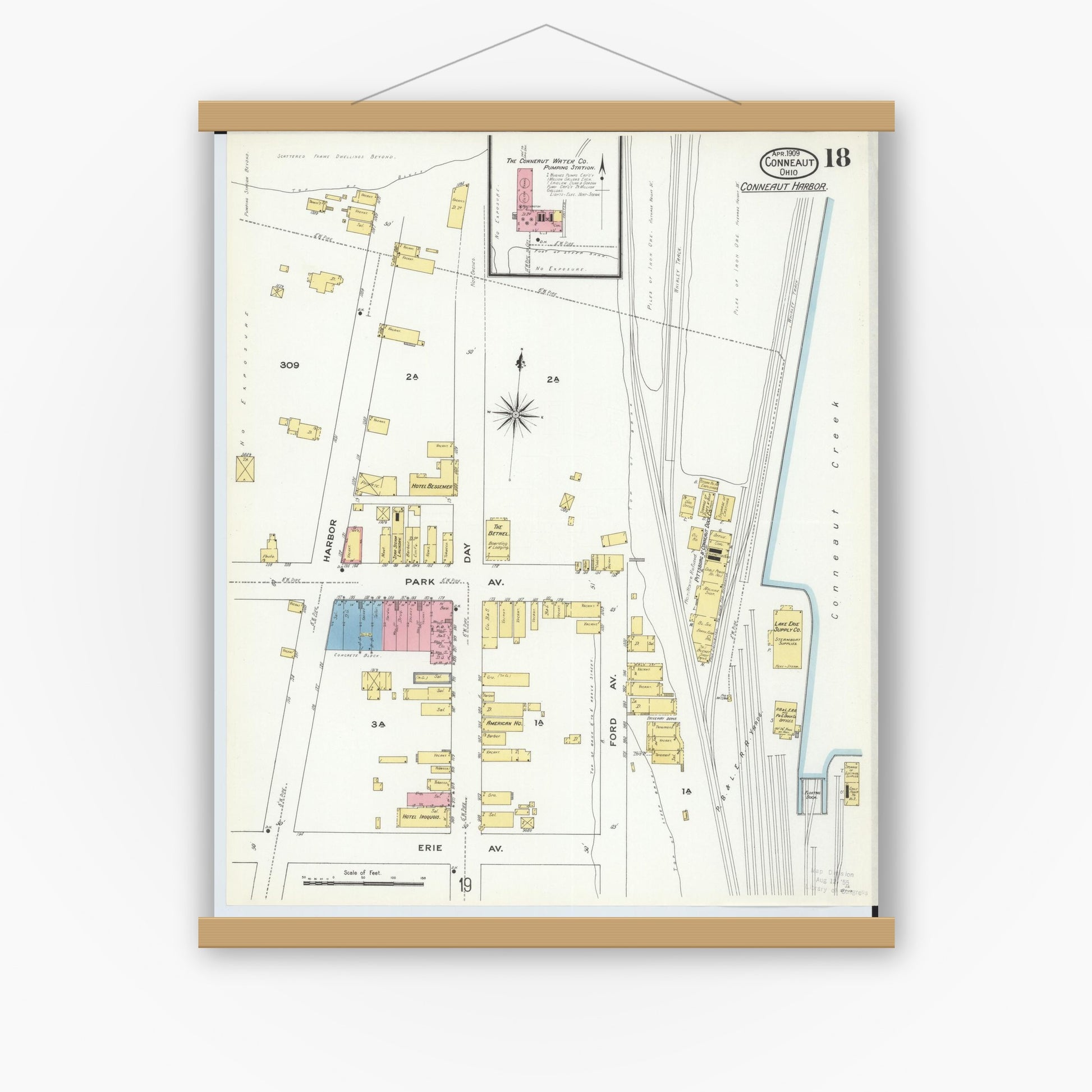 Old map wall art mockup — magnetic wood frame on white wall — Sanborn Fire Insurance Map from Conneaut, Ashtabula County, Ohio (1909), Sheet #0018