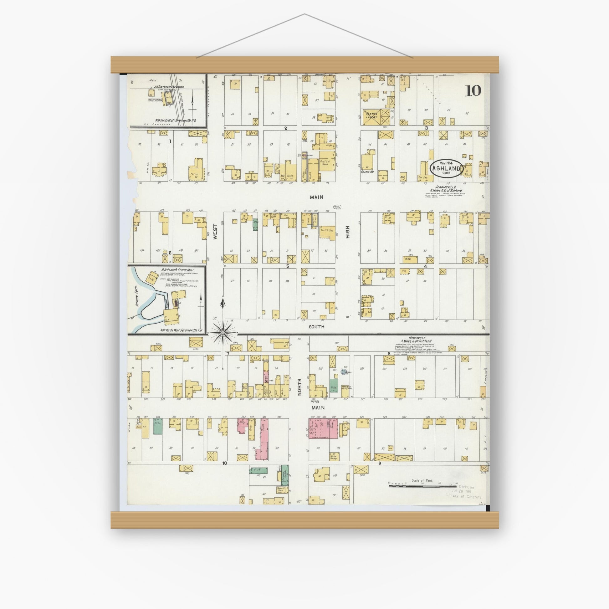 Old map wall art mockup — magnetic wood frame on white wall — Sanborn Fire Insurance Map from Ashland, Ashland County, Ohio (1904), Sheet #0010