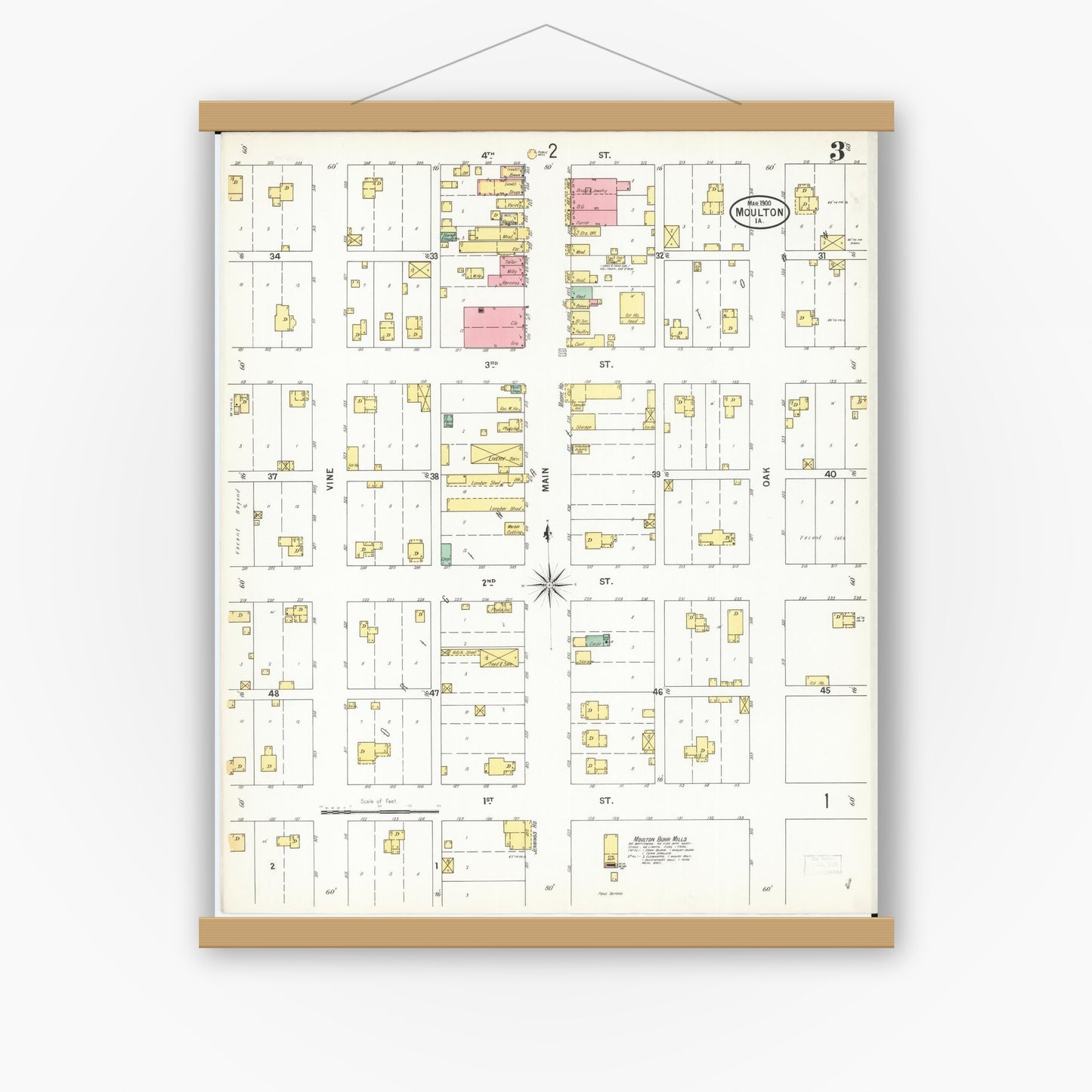 Old map wall art mockup — magnetic wood frame on white wall — Sanborn Fire Insurance Map from Moulton, Appanoose County, Iowa (1900), Sheet #0003