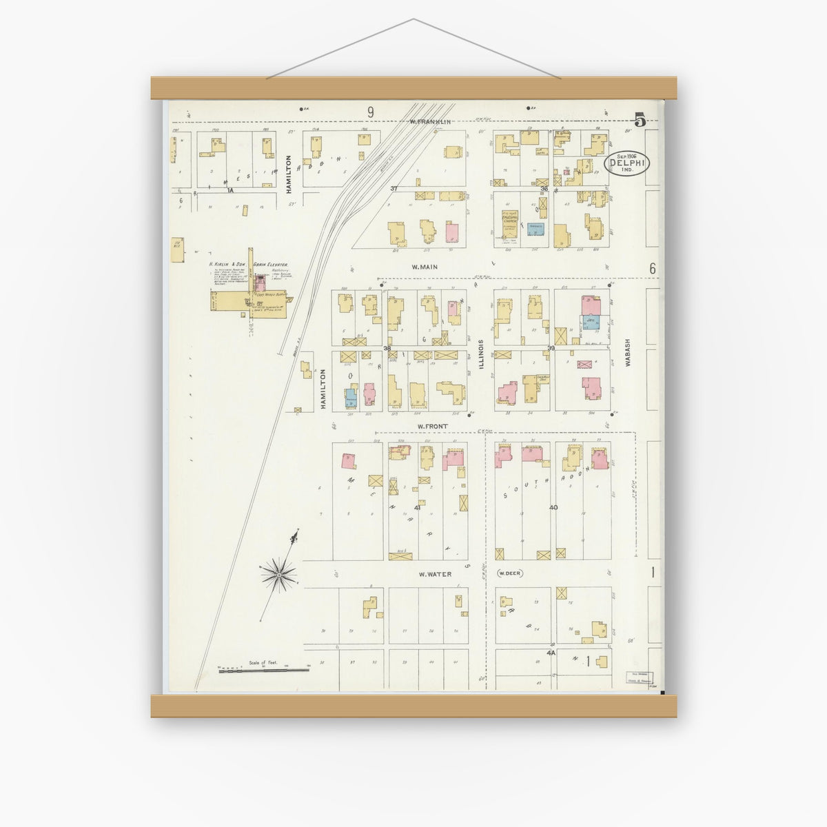 Old map wall art mockup — magnetic wood frame on white wall — Sanborn Fire Insurance Map from Delphi, Carroll County, Indiana (1906), Sheet #0005