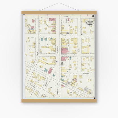 Old map wall art mockup — magnetic wood frame on white wall — Sanborn Fire Insurance Map from Lapeer, Lapeer County, Michigan (1893), Sheet #0003