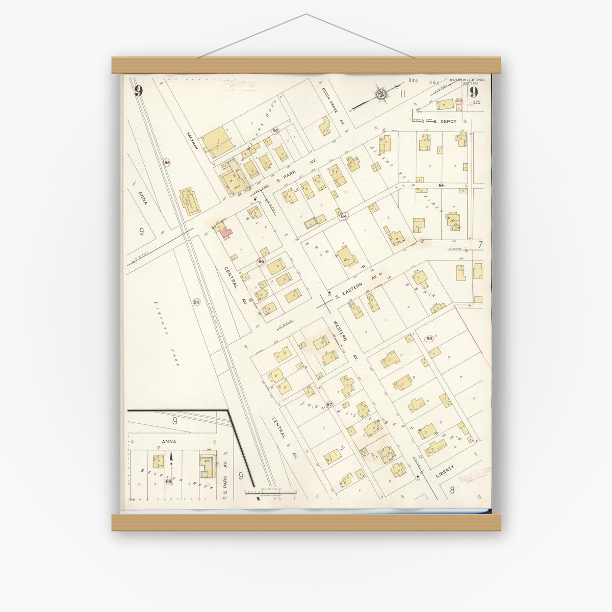 Old map wall art mockup — magnetic wood frame on white wall — Sanborn Fire Insurance Map from Batesville, Ripley County, Indiana (1948), Sheet #0009
