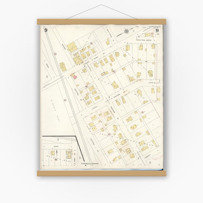 Old map wall art mockup — magnetic wood frame on white wall — Sanborn Fire Insurance Map from Batesville, Ripley County, Indiana (1948), Sheet #0009