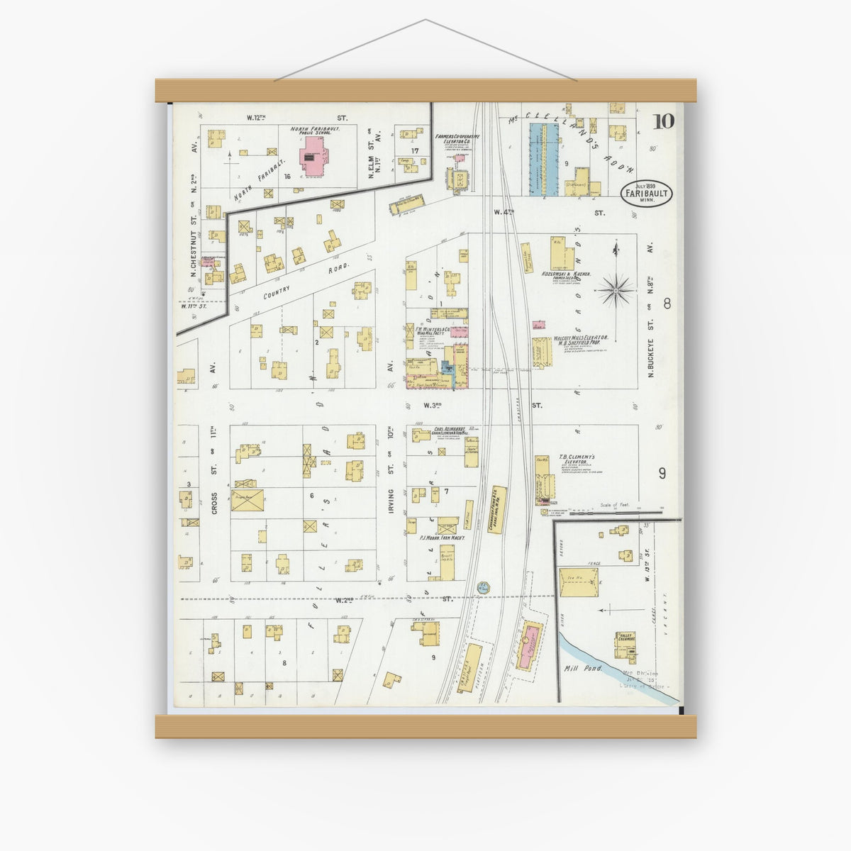 Old map wall art mockup — magnetic wood frame on white wall — Sanborn Fire Insurance Map from Faribault, Rice County, Minnesota (1899), Sheet #0010